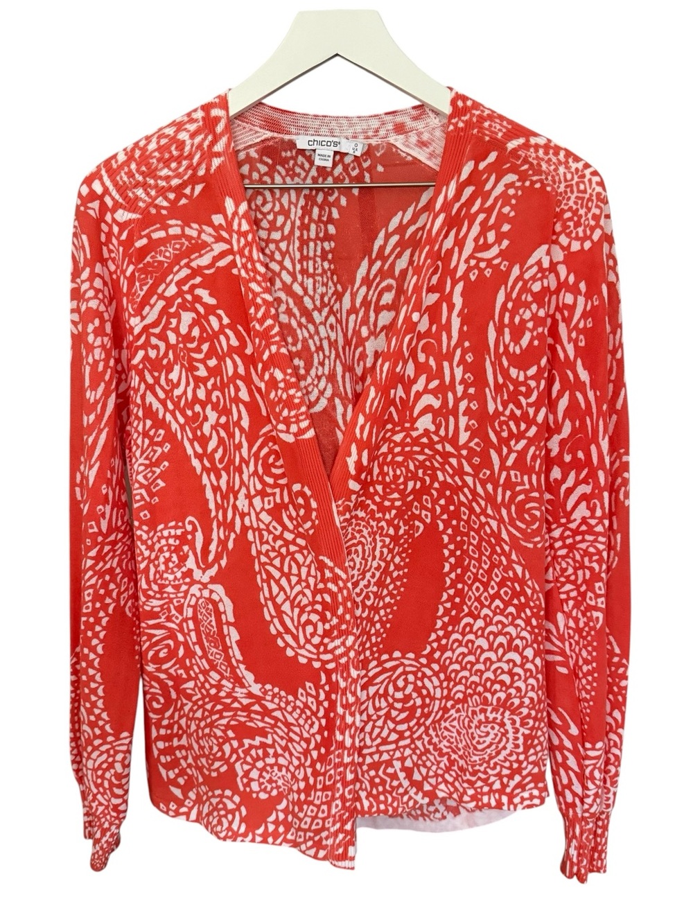 Chico’s Paisley Floral Print Vibrant Orange Open Front Cardigan Women’s Size 0